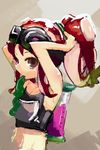  adjusting_hair alternate_hairstyle arms_behind_head arms_up breastplate breasts brown_eyes cleavage commentary_request goggles goggles_on_head hair_up highres ink_tank_(splatoon) katsudansou long_hair octarian octoling paint ponytail red_hair small_breasts solo splatoon_(series) splatoon_1 takozonesu tentacle_hair tying_hair upper_body 
