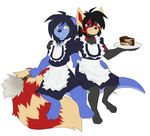  ambiguous_gender anthro cake clothed clothing duo food girly looking_at_viewer maid_uniform male mammal mustelid otter red_panda smile uniform yogoat 