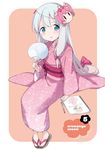  blue_eyes blush bow copyright_name eromanga_sensei fan hair_bow highres holding holding_fan invisible_chair izumi_sagiri japanese_clothes kimono long_hair looking_at_viewer low-tied_long_hair mask mask_on_head number obi official_art parted_lips pen pink_kimono red_bow rin_(royal) sash silver_hair simple_background sitting solo very_long_hair white_background yukata 