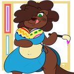  2017 anthro big_breasts breasts brown_fur brown_hair cleavage clothed clothing easter female fur green_eyes hair holidays mammal mustelid navel otter paintbrush puffdraws simple_background slightly_chubby smile solo tongue 