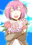  bob_cut closed_eyes copyright_request facing_viewer flower mohe_(scstnk) pink_hair short_hair sky smile solo 