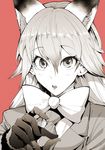  animal_ears blazer bonkara_(sokuseki_maou) bow commentary_request extra_ears ezo_red_fox_(kemono_friends) fox_ears fur_trim gloves hair_between_eyes highres jacket kemono_friends long_hair looking_at_viewer necktie open_mouth red_background solo surprised upper_body 