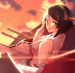  breasts cloud cloudy_sky detached_sleeves eyebrows_visible_through_hair glasses headband kantai_collection kirishima_(kantai_collection) light_rays looking_at_viewer looking_back medium_breasts nagareboshi nontraditional_miko orange_sky outdoors parted_lips ribbon-trimmed_sleeves ribbon_trim short_hair sky solo sunset upper_body yellow-framed_eyewear 