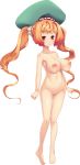  1girl barefoot breasts collarbone full_body hat highres hikage_eiji huge_breasts kuroinu_2 long_hair mel_mel navel nipples no_pussy official_art orange_hair red_eyes smile solo transparent_background twintails very_long_hair 