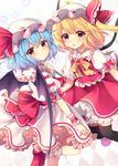  :o absurdres ascot bangs bat_wings black_legwear blonde_hair blue_hair blush bobby_socks bow brooch commentary_request crystal dress flandre_scarlet from_side hat hat_bow hat_ribbon highres jewelry looking_at_viewer looking_to_the_side mary_janes mob_cap multiple_girls orange_eyes petticoat puffy_short_sleeves puffy_sleeves red_bow red_ribbon red_skirt red_vest remilia_scarlet ribbon ruhika sash shoes short_sleeves siblings side_ponytail sisters skirt skirt_set socks thighhighs touhou vest white_dress white_legwear wings wrist_cuffs 
