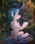  blue_hair cutie_mark detailed_background equine eyes_closed fan_character feral fur hair hooves horn male mammal my_little_pony outside smile solo tree unicorn yakovlev-vad 