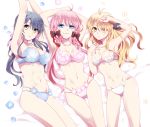  3girls adjusting_bra adjusting_clothes ahoge arm_up armpits arms_up bangs bed_sheet black_bow black_hair black_ribbon blonde_hair blue_bra blue_eyes blue_flower blue_panties blue_ribbon bow bra breasts brown_eyes cleavage closed_mouth collarbone commentary_request crotch_seam eyebrows_visible_through_hair eyepatch flower flower_bra flower_panties from_above gluteal_fold hair_bow hair_ribbon legs lips long_hair looking_at_viewer lying medium_breasts multiple_girls navel on_back on_bed original panties partial_commentary petals pink_bra pink_flower pink_hair pink_panties ribbon smile string_panties thigh_gap twintails underwear underwear_only usapopin white_bra white_flower white_panties yellow_eyes 