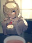  absurdres alpaca_ears alpaca_suri_(kemono_friends) animal_ears at2. blonde_hair blurry blush breasts closed_mouth commentary_request cup depth_of_field hair_over_one_eye head_tilt highres horizontal_pupils kemono_friends large_breasts long_sleeves looking_at_viewer own_hands_together sitting smile solo_focus steam sunlight teacup window yellow_eyes 
