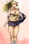  bag blonde_hair bookbag breasts contemporary horn hoshiguma_yuugi large_breasts looking_at_viewer open_mouth ponytail red_eyes school_uniform scrunchie skirt solo touhou yohane 