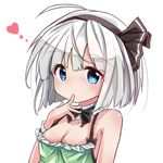  ahoge alternate_costume bare_arms bare_shoulders black_hairband blue_eyes blush bob_cut body_blush bow bowtie breasts camisole casual cleavage commentary_request contemporary detached_collar finger_to_mouth hairband heart highres konpaku_youmu looking_at_viewer low-cut ryogo short_hair small_breasts solo tareme touhou white_hair wrist_cuffs 