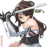  blush bow breasts brown_eyes brown_hair brown_neckwear closed_mouth ebifurya elbow_gloves eyebrows_visible_through_hair forehead_protector gloves green_bow hair_bow hair_intakes hands_up highres holding holding_sword holding_weapon jintsuu_(kantai_collection) kantai_collection long_hair looking_at_viewer necktie pose sarashi serious simple_background small_breasts solo sparkle sword twitter_username two-handed unsheathed upper_body weapon white_background 