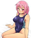  bangs blush collarbone competition_swimsuit covered_navel covered_nipples highleg highleg_swimsuit highres kurozu_(crozu) long_hair one-piece_swimsuit original parted_lips pink_eyes pink_hair ponytail sidelocks sitting solo stomach swimsuit thighs 