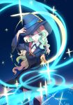  1girl aku_spirit black_dress black_footwear black_ribbon blonde_hair blue_eyes blue_hat boots diana_cavendish dress hand_on_headwear hat holding holding_wand little_witch_academia long_sleeves multicolored_hair neck_ribbon outstretched_arm ribbon short_dress solo standing thigh_boots thighhighs wand witch_hat 