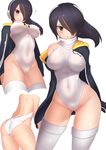  ass ass_visible_through_thighs backless_outfit bent_over black_eyes black_hair blush breasts bu_li closed_mouth covered_navel covered_nipples cowboy_shot emperor_penguin_(kemono_friends) flying_sweatdrops frown hair_over_one_eye headphones highleg highleg_leotard hood hoodie kemono_friends large_breasts leotard long_hair looking_at_viewer multicolored_hair multiple_views off_shoulder open_clothes open_hoodie white_legwear white_leotard 