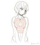  at_field ayanami_rei blush commentary dress_shirt highres looking_away monochrome neon_genesis_evangelion outline poaro shirt shirt_tug short_hair simple_background solo spot_color twitter_username white_background 