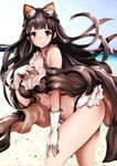  bangs bare_shoulders beach bikini black_bikini black_eyes black_hair blunt_bangs blush breasts cleavage closed_mouth collarbone day detached_sleeves floating_hair gloves goggles goggles_on_head granblue_fantasy jessica_(granblue_fantasy) large_breasts leaning_forward long_hair looking_at_viewer outdoors pose sidelocks smile solo souryu swimsuit very_long_hair white_gloves wide_sleeves 