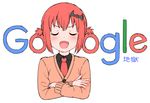 :d bangs bat_hair_ornament black_shirt blush cardigan closed_eyes collared_shirt commentary company_name crossed_arms eyebrows_visible_through_hair facing_viewer fang faubynet gabriel_dropout google hair_ornament hair_rings kurumizawa_satanichia_mcdowell necktie open_mouth red_neckwear school_uniform shirt sidelocks simple_background sketch smile smug solo translated upper_body v-shaped_eyebrows white_background 