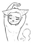  2017 alec8ter anthro black_and_white blush cassidy_(alec8ter) cat clothed clothing expression_meme eyes_closed feline inner_ear_fluff male mammal monochrome signature simple_background solo stretching topless white_background 