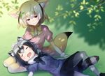  animal_ears blush bow bowtie closed_eyes commentary_request common_raccoon_(kemono_friends) day drooling fennec_(kemono_friends) fox_ears fox_tail grass half-closed_eyes hand_on_another's_head kemono_friends kusada_souta lap_pillow leaf light_smile lying multiple_girls on_back open_mouth outdoors pantyhose petting raccoon_ears raccoon_tail seiza sitting sleeping tail tree_shade 