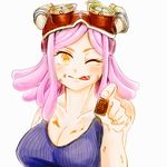  1girl ;p blush boku_no_hero_academia breasts chocolate cleavage goggles_on_head hatsume_mei large_breasts looking_at_viewer pink_hair smile solo tank_top tongue yellow_eyes 