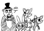  2015 2_heads animatronic anthro balloon_boy_(fnaf) bear black_and_white bow_tie bunny_costume canine clothed clothing costume dialogue digital_media_(artwork) english_text exposed_endoskeleton eye_patch eyewear fake_ears female five_nights_at_freddy&#039;s five_nights_at_freddy&#039;s_2 fox foxy_(fnaf) freddy_(fnaf) group hat humanoid inkyfrog machine male mammal mangle_(fnaf) monochrome multi_head robot simple_background text top_hat video_games white_background 