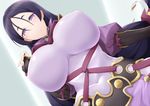  armor black_hair blush bodysuit breasts closed_mouth commentary_request covered_navel covered_nipples dutch_angle fate/grand_order fate_(series) fingerless_gloves gloves hair_between_eyes impossible_clothes jampen japanese_armor large_breasts long_hair looking_at_viewer minamoto_no_raikou_(fate/grand_order) purple_bodysuit purple_eyes smile solo upper_body very_long_hair 