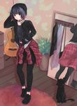  artist_name beanie bedroom black_cat black_choker black_footwear black_jacket black_pants blush cat chest_of_drawers choker closed_mouth clothes_around_waist clothes_hanger commentary eyebrows_visible_through_hair full_body gradient_hair guitar guitar_stand hanamei hand_in_hair hand_in_pocket hat highres instrument jacket jacket_around_waist long_sleeves looking_at_viewer midriff mirror multicolored_hair open_clothes open_jacket original pants pet plaid_jacket plant potted_plant red_eyes red_jacket reflection rug shoes short_hair solo speedpaint unbuttoned 