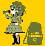  backpack backpack_removed bag blouse blue_eyes blue_hair boots bottle breast_pocket character_name collared_shirt commentary_request drinking hair_bobbles hair_ornament hand_on_hip hat highres kawashiro_nitori knee_boots pocket romaji shirt skirt skirt_set solo touhou two_side_up water_bottle yt_(wai-tei) 