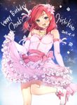  :d absurdres ankle_boots artist_name birthday blush bokutachi_wa_hitotsu_no_hikari boots character_name dated dress dress_lift english flower frilled_dress frills hair_flower hair_ornament happy_birthday highres lifted_by_self love_live! love_live!_school_idol_project nishikino_maki open_mouth pink_dress purple_eyes red_hair short_hair signature sky smile star_(sky) starry_sky yana_mori 