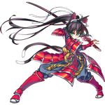 animal_ears aqua_eyes armor astral_stairways black_hair cat_ears cat_tail floating_hair full_body hair_ribbon holding holding_sword holding_weapon hong_(white_spider) japanese_armor legs_apart long_hair looking_at_viewer multiple_tails ponytail ribbon sheath sheathed smile solo sword tail transparent_background very_long_hair weapon 