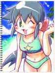  1girl :3 ;3 azumaya_koyuki beach bikini blush female green_eyes green_hair hakkatou keroro_gunsou long_hair ocean one_eye_closed ponytail smile swimsuit very_long_hair water wink 