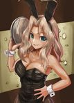  abazu-red animal_ears blonde_hair breasts bunny_ears bunnysuit cleavage girls_und_panzer green_eyes hair_intakes hand_on_hip kay_(girls_und_panzer) large_breasts long_hair looking_at_viewer smile solo twitter_username wrist_cuffs 
