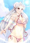  absurdres amatou3 bikini blush bow breasts cleavage fujiwara_no_mokou hair_bow highres large_breasts long_hair red_eyes see-through shirt side-tie_bikini silver_hair smile solo swimsuit touhou very_long_hair wet wet_clothes wet_shirt 