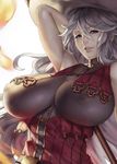  breasts commentary covered_nipples cropped eu03 granblue_fantasy hair_between_eyes hand_in_hair hat huge_breasts lips long_hair magisa_(granblue_fantasy) nose purple_eyes silver_hair skin_tight sleeveless smile solo witch_hat 