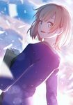  backlighting bangs blue_eyes blurry blush bokeh brown_hair depth_of_field eyebrows_visible_through_hair from_side holding holding_paper long_sleeves looking_at_viewer looking_back miyamori_aoi nagareboshi open_mouth paper shirobako short_hair smile solo 