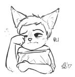  2017 alec8ter anthro black_and_white blush cassidy_(alec8ter) cat clothed clothing expression_meme eyes_closed feline holding_object inner_ear_fluff male mammal monochrome pillow rubbing_eye signature simple_background solo tired white_background 