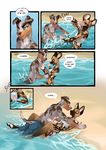  african_wild_dog anthro arm_grab beach bikini blue_eyes blush brown_fur canine clothed clothing comic demicoeur dexter_(demicoeur) dialogue duo english_text female floppy_ears fur grey_fur mammal multiple_scenes navel open_mouth outside partially_clothed partially_submerged playing public seaside shuki sky speech_bubble swimming_trunks swimsuit text tongue tongue_out water 