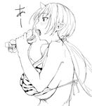  animal_print bikini_top breasts copyright_request eating fang food greyscale hamburger horns huge_breasts monochrome obmas_(pfeito) oni pointy_ears ponytail sketch solo tiger_print 