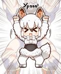  &gt;_&lt; 1girl :d animal_ears arms_up beard black_hair bow bowtie closed_eyes dress facial_hair frilled_dress frills gradient_hair kemono_friends long_sleeves looking_at_viewer mohawk multicolored_hair muscle no_pupils open_mouth pointing pointing_up russian smile southern_tamandua_(kemono_friends) street_fighter tail tamandua_ears tamandua_tail tanaka_kusao translated underbust white_hair wrestler wrestling_outfit xd zangief 