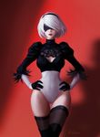  black_gloves black_legwear blindfold breasts covered_navel facing_viewer gloves hairband hands_on_hips highres leotard lipstick makeup medium_breasts mole mole_under_mouth mvalentinus nier_(series) nier_automata puffy_sleeves red_lipstick short_hair solo thighhighs white_hair yorha_no._2_type_b 