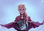  blonde_hair blue_eyes braid bridal_gauntlets cape disney elsa_(frozen) frozen_(disney) hair_over_shoulder hair_tie helmet holding horns kachima long_hair single_braid snowflakes snowing solo the_elder_scrolls the_elder_scrolls_v:_skyrim upper_body 