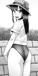  :d ass bangs bucket_hat cowboy_shot crop_top eyebrows_visible_through_hair from_behind grass greyscale hat highleg highleg_swimsuit highres kurozu_(crozu) long_hair looking_at_viewer looking_back monochrome open_mouth original outdoors shirt short_sleeves smile solo swimsuit teeth thighs 