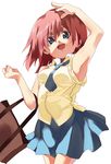  1girl arm_up armpits bag blue_eyes breasts kairi kairi_(kingdom_hearts) kingdom_hearts long_hair medium_breasts necktie open_mouth red_hair school_uniform solo 