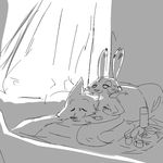  2017 anthro arctic_fox bed beverage canine carrot cuddling cup disney duo fan_character female food fox greyscale jack_savage lagomorph male mammal monochrome rabbit replytoanons skye_(zootopia) smile vegetable zootopia 