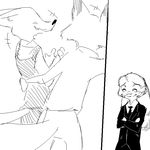  2017 anthro arctic_fox black_and_white blush canine clothed clothing crossed_arms disney female fox group hand_on_back jack_savage lagomorph male mammal monochrome necktie nick_wilde rabbit replytoanons simple_background skye_(zootopia) smile suit white_background zootopia 