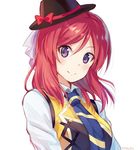 arms_at_sides artist_name blue_neckwear closed_mouth collared_shirt eyebrows_visible_through_hair fedora hat looking_at_viewer love_live! love_live!_school_idol_project necktie nishikino_maki nonono purple_eyes red_hair shirt simple_background smile solo striped striped_neckwear sunny_day_song upper_body wavy_hair white_background 