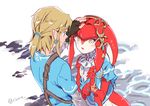  1girl blonde_hair blush fins fish_girl jewelry link long_hair mipha monster_girl multicolored multicolored_skin necklace no_eyebrows petting ponytail red_hair red_skin serizawa_nae the_legend_of_zelda the_legend_of_zelda:_breath_of_the_wild white_skin yellow_eyes zora 