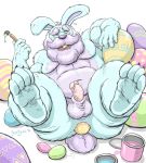  2018 4_toes 5_fingers anthro anus balls blue_eyes blue_fur butt butt_egg dudebulge easter_egg egg erection feet front_view fur hi_res holding_object lagomorph looking_at_penis looking_at_self looking_down male mammal nude open_mouth paintbrush paws penis purple_fur rabbit signature simple_background slightly_chubby solo toes vein veiny_penis whiskers white_background 