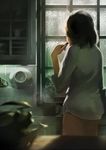  absurdres alternate_costume biwaman black_hair blurry cup cupboard depth_of_field from_behind highres indoors kantai_collection kiso_(kantai_collection) kitchen light light_particles long_sleeves mug no_pants plate rain shirt short_hair solo steam thighs toothbrush white_shirt window 