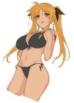  bikini black_bikini blonde_hair breast_suppress breasts breath cleavage contrapposto cowboy_shot dutch_angle fate_testarossa front-tie_bikini front-tie_top jpeg_artifacts katsurai_yoshiaki large_breasts long_hair lyrical_nanoha mahou_shoujo_lyrical_nanoha purple_eyes side-tie_bikini simple_background solo standing swimsuit twintails white_background 